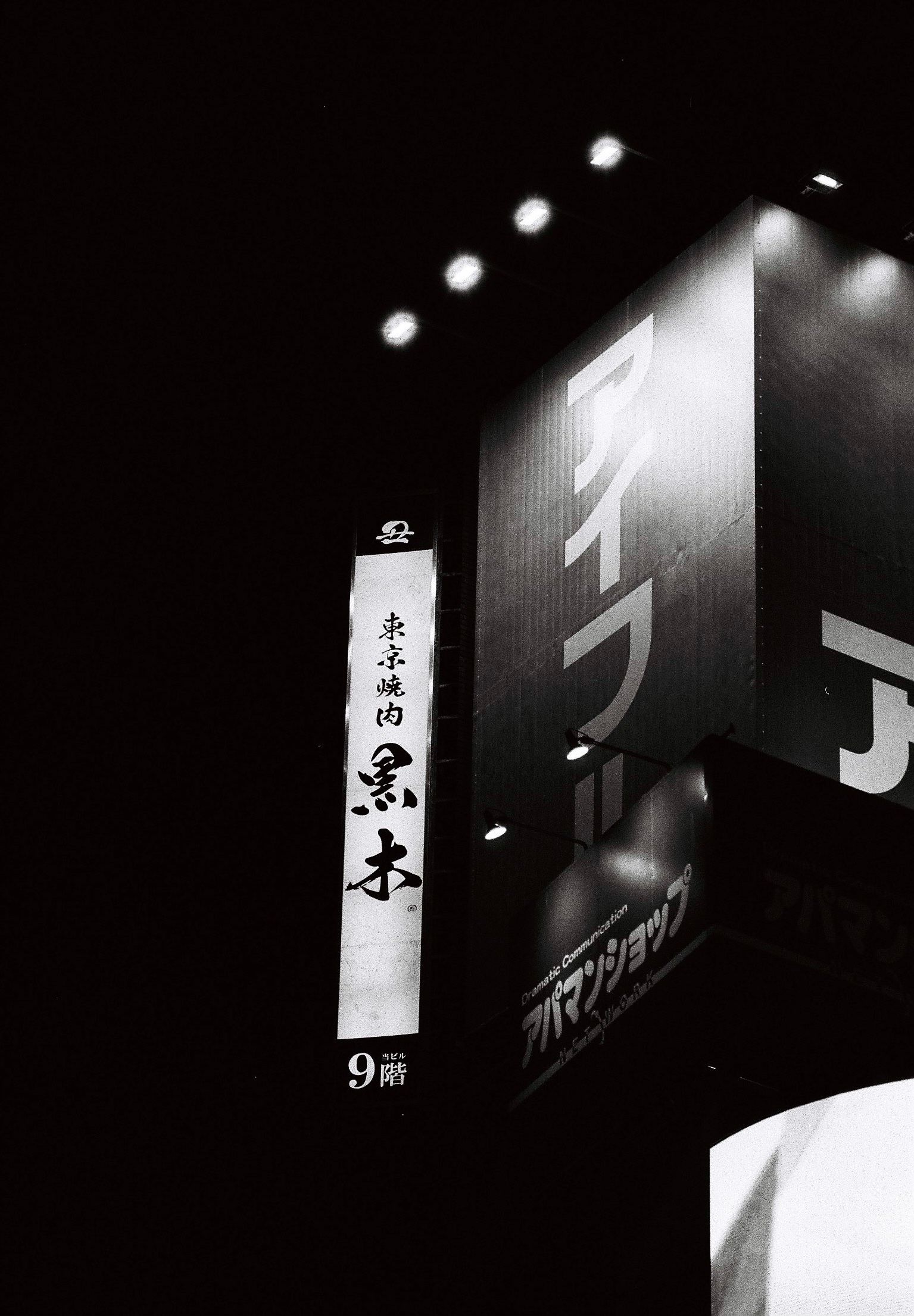 signs at the top of buildings in Shinjuku - shot on ilford hp5 